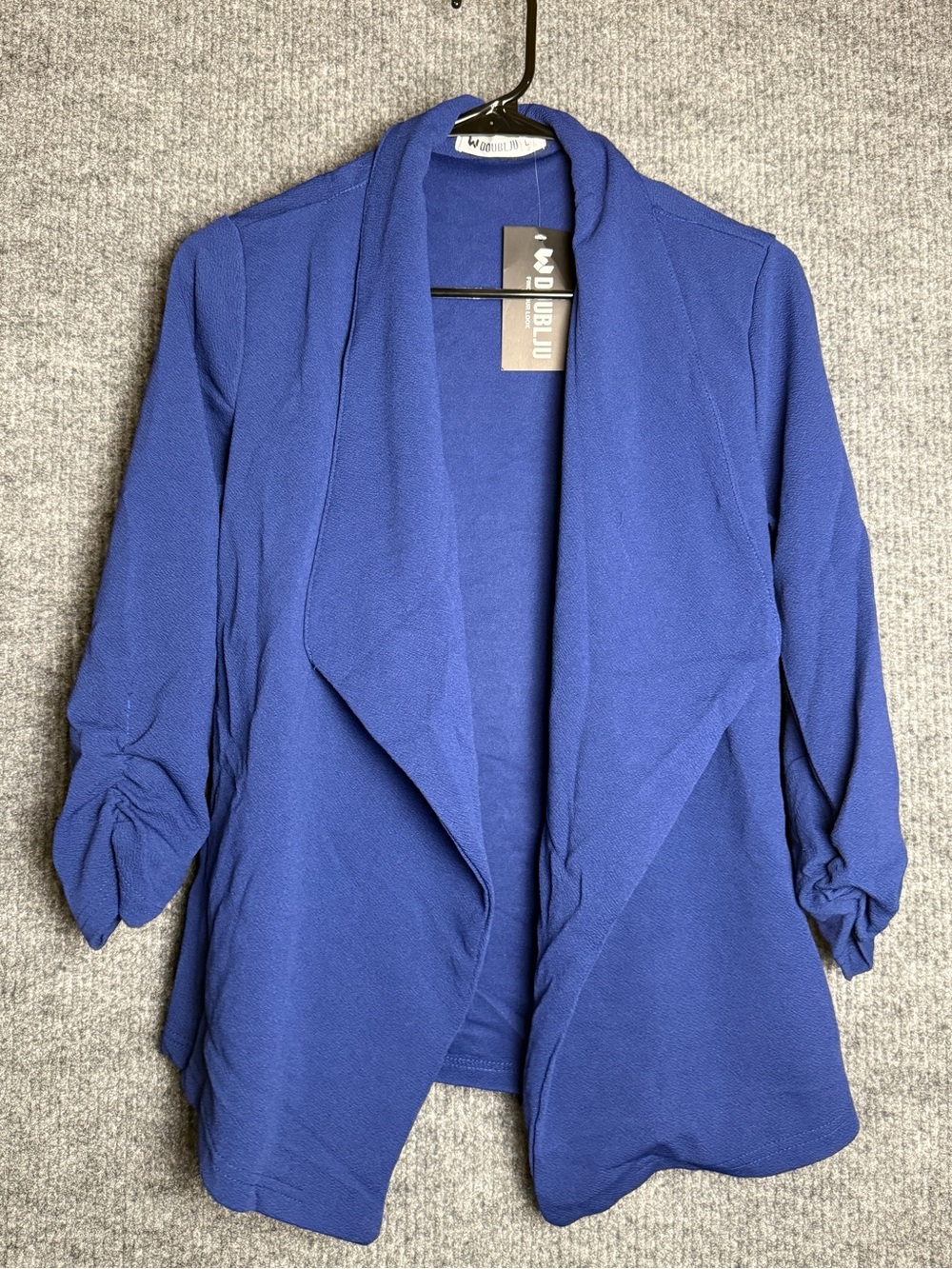NWT Doublju Deep Blue Draped Open Front Blazer Ruched 3/4 Sleeves